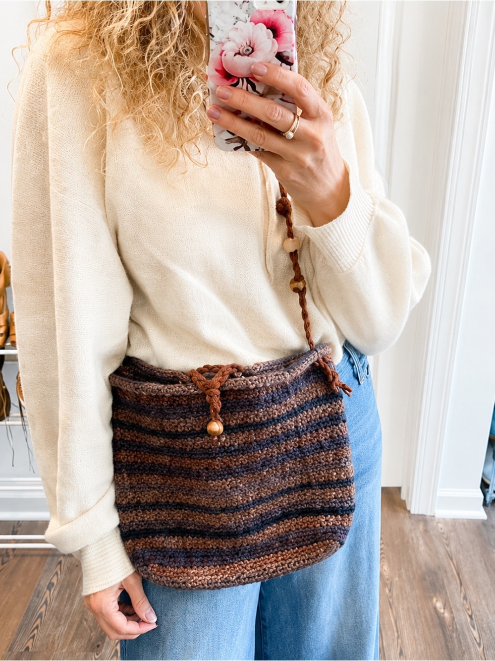 Felted Wool Hand Knit Striped Bag Suede Leather Strap